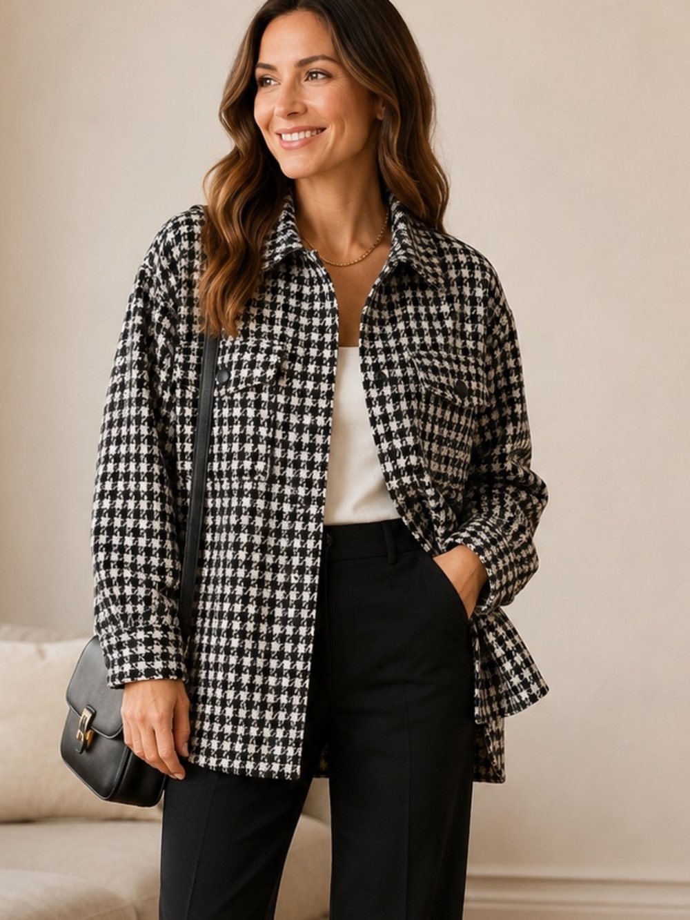 ESQUALO Black & White Houndstooth Button-Front Jacket Shacket